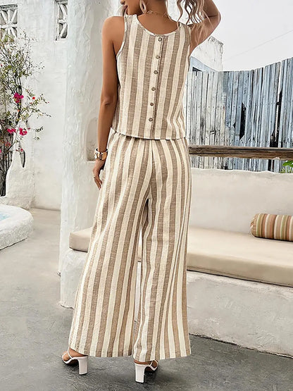 2-Piece Women'S Striped Sleeveless Matching Set, Lightweight Fabric, Back-Button Top and Elastic-Waist Wide-Leg Pants, Multi-Color Options