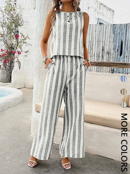 2-Piece Women'S Striped Sleeveless Matching Set, Lightweight Fabric, Back-Button Top and Elastic-Waist Wide-Leg Pants, Multi-Color Options