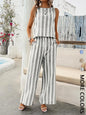 2-Piece Women'S Striped Sleeveless Matching Set, Lightweight Fabric, Back-Button Top and Elastic-Waist Wide-Leg Pants, Multi-Color Options
