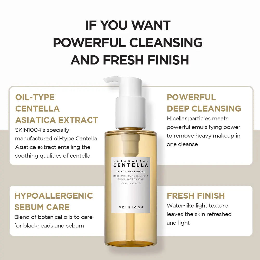 [SKIN1004 ] Centella Light Cleansing Oil 6.76 fl.oz, 200ml, Pure and Light Oil with Fresh Cleansing Effect, Makeup Remover Calming Hypoallergenic