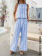 2-Piece Women'S Striped Sleeveless Matching Set, Lightweight Fabric, Back-Button Top and Elastic-Waist Wide-Leg Pants, Multi-Color Options